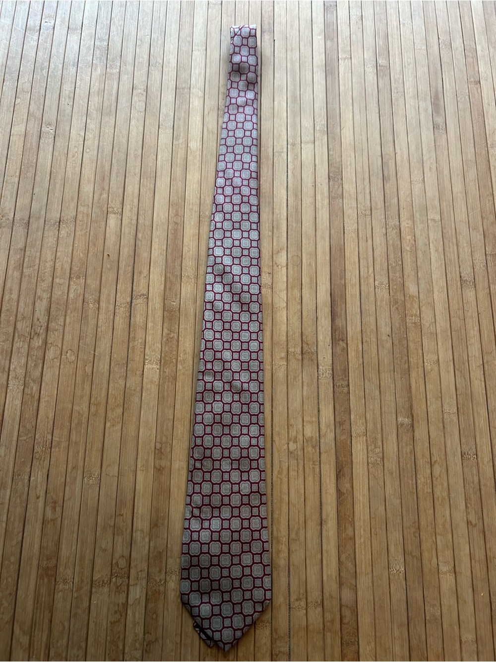 Kuppemheimer Men’s Preppy Silk Red Geometric Pattern Tie W/ Cream Accents